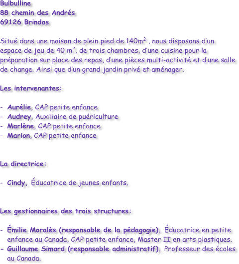 

Bulbulline
88 chemin des Andrés
69126 Brindas

Situé dans une maison de plein pied de 140m2 , nous disposons d’un espace de jeu de 40 m2, de trois chambres, d’une cuisine pour la préparation sur place des repas, d’une pièces multi-activité et d’une salle de change. Ainsi que d’un grand jardin privé et aménager.

Les intervenantes:

Aurélie, CAP petite enfance
Audrey, Auxiliaire de puériculture
Marlène, CAP petite enfance
Marion, CAP petite enfance


La directrice:

Cindy, Éducatrice de jeunes enfants.


Les gestionnaires des trois structures:

Émilie Moralès (responsable de la pédagogie). Éducatrice en petite enfance au Canada, CAP petite enfance, Master II en arts plastiques.
Guillaume Simard (responsable administratif). Professeur des écoles au Canada.