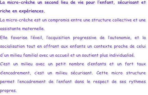La micro-crèche un second lieu de vie pour l’enfant, sécurisant et riche en expériences.
La micro-crèche est un compromis entre une structure collective et une assistante maternelle. 
Elle favorise l’éveil, l’acquisition progressive de l’autonomie, et la socialisation tout en offrant aux enfants un contexte proche de celui d'un milieu familial avec un accueil et un soutient plus individualisé.
C’est un milieu avec un petit nombre d’enfants et un fort taux d’encadrement, c’est un milieu sécurisant. Cette micro structure permet l’encadrement de l’enfant dans le respect de ses rythmes propres.


